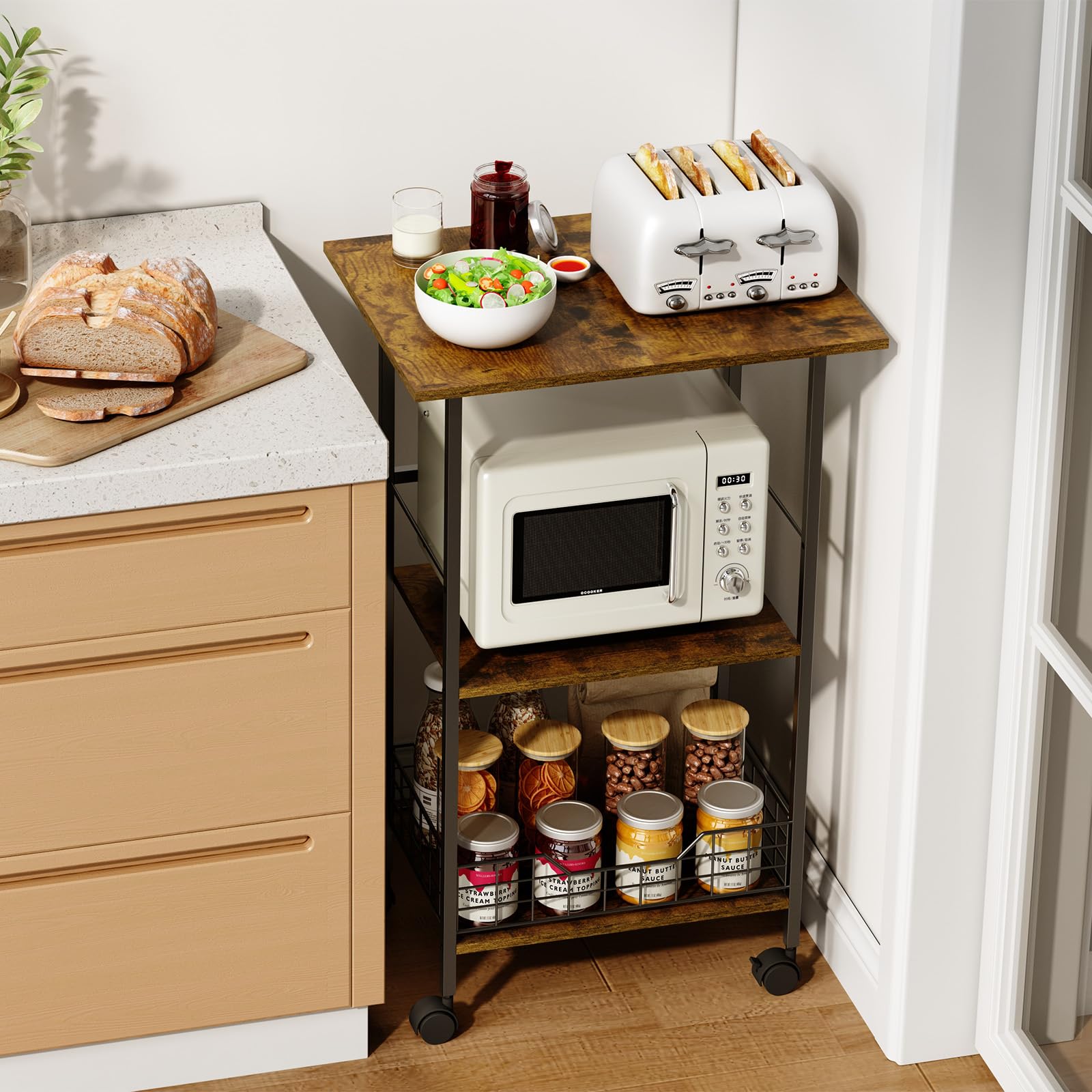 Hencawima microwave stand dimensions show compact footprint and practical height.