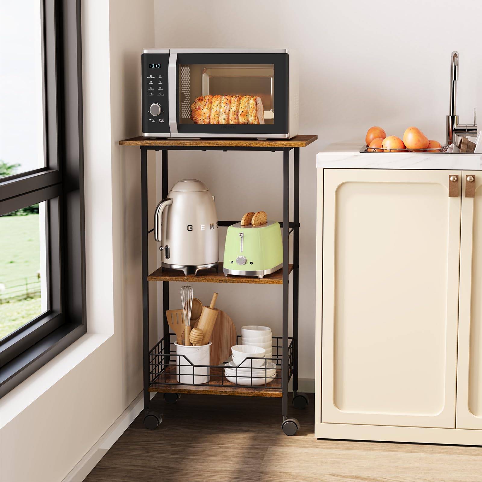 Hencawima kitchen cart lockable wheels enable stable, easy repositioning.