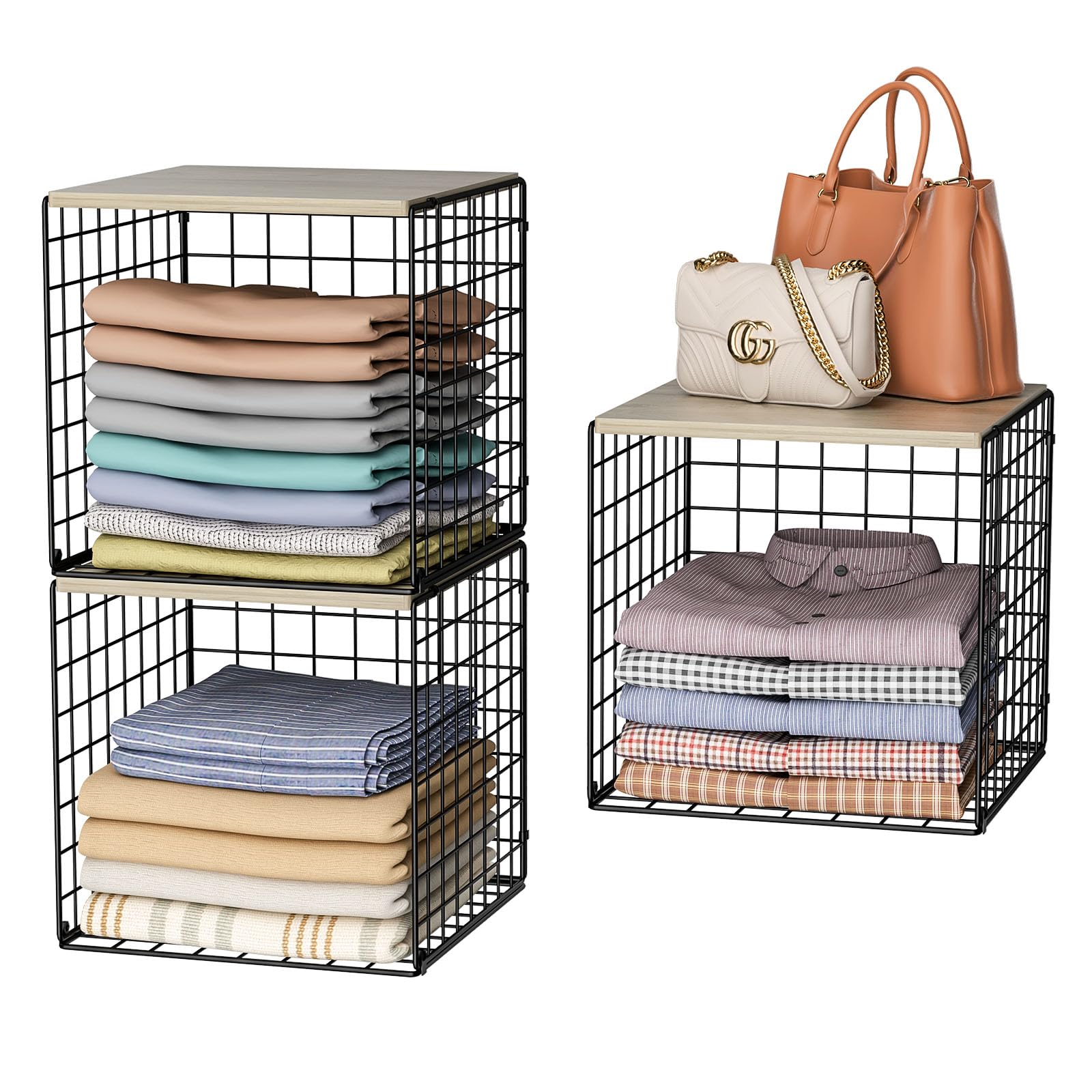Hencawima stackable closet organizers with wood top for versatile wardrobe storage.
