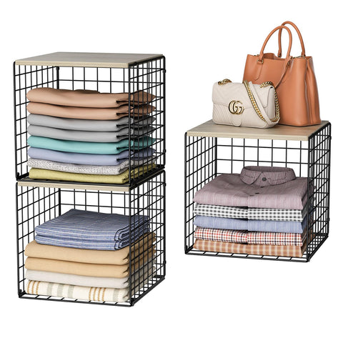 Hencawima stackable closet organizers with wood top for versatile wardrobe storage.