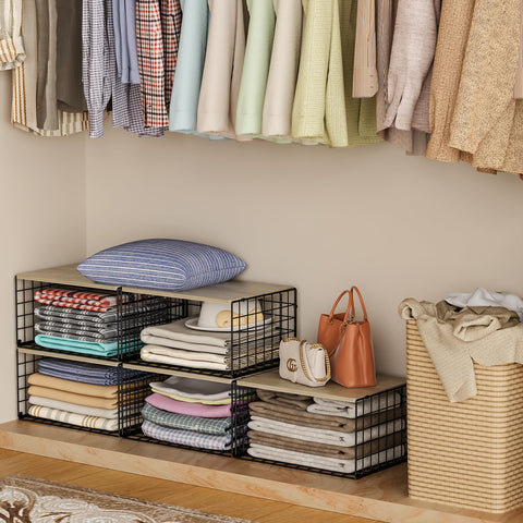 Hencawima stackable closet storage in metal mesh keeps items organized and accessible.