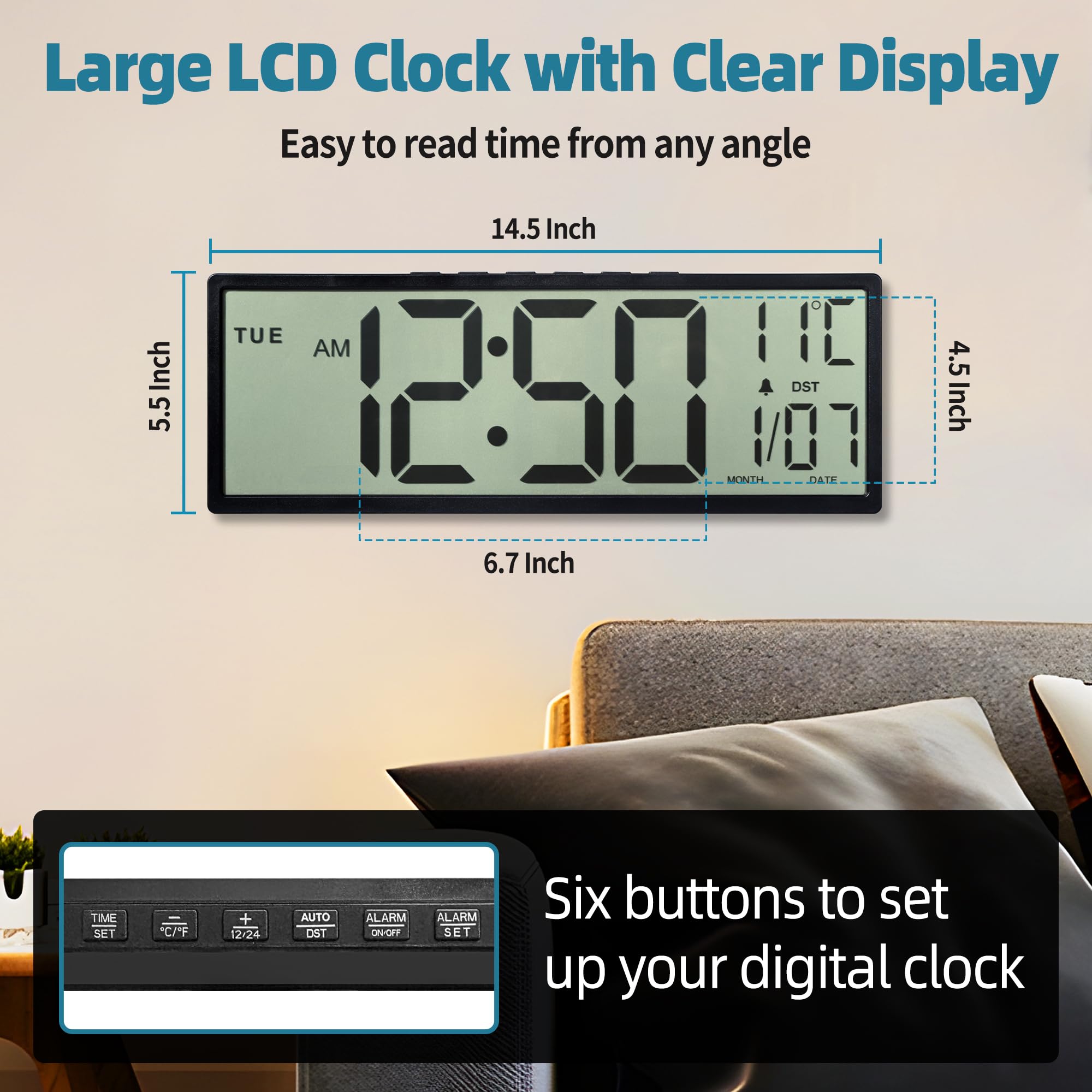 Henescribe 15-inch clock digital display with large numbers for quick readings