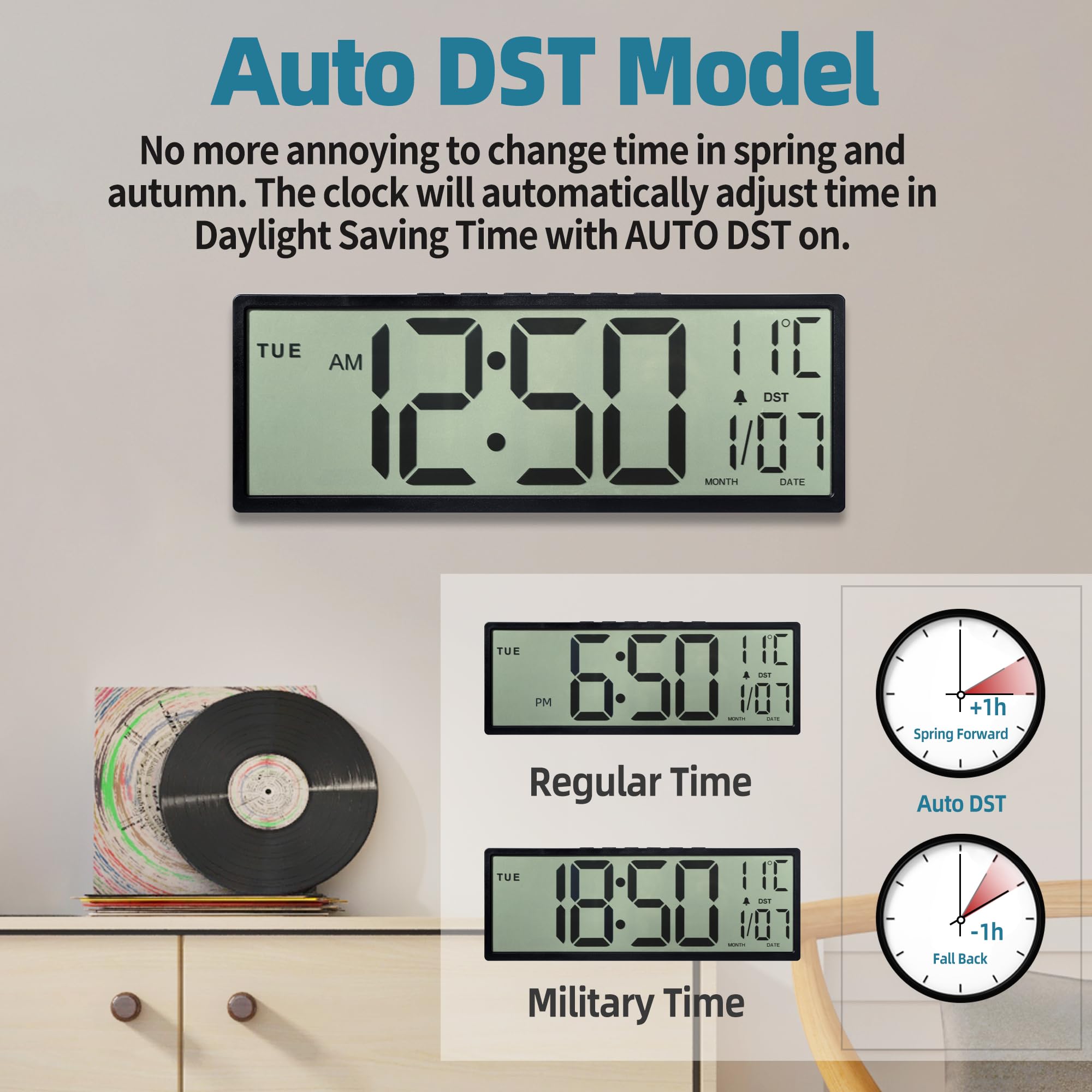 Henescribe 15-inch clock shows indoor temperature and date readout