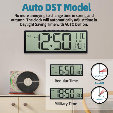 Henescribe 15-inch clock shows indoor temperature and date readout