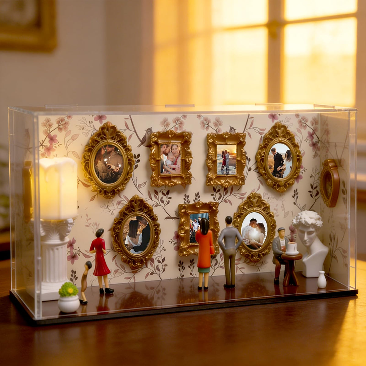 Henkgo DIY Mini Museum shadow box with 9 gold frames displays memories beautifully.