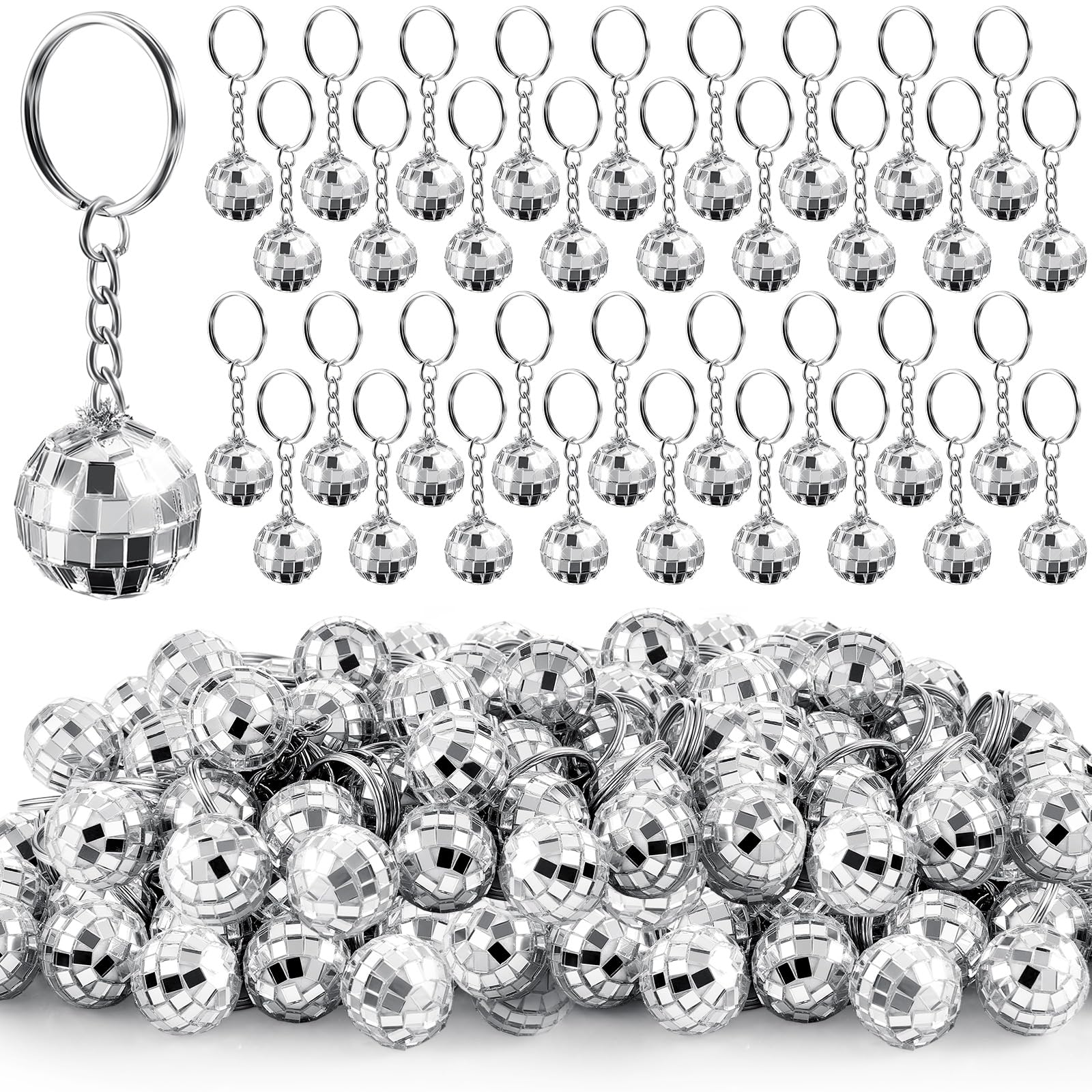 Henoyso mini disco ball keychain in silver mirror finish, ideal for party favors.