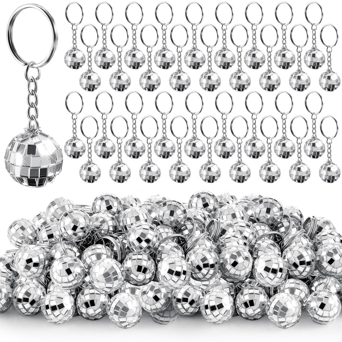 Henoyso mini disco ball keychain in silver mirror finish, ideal for party favors.