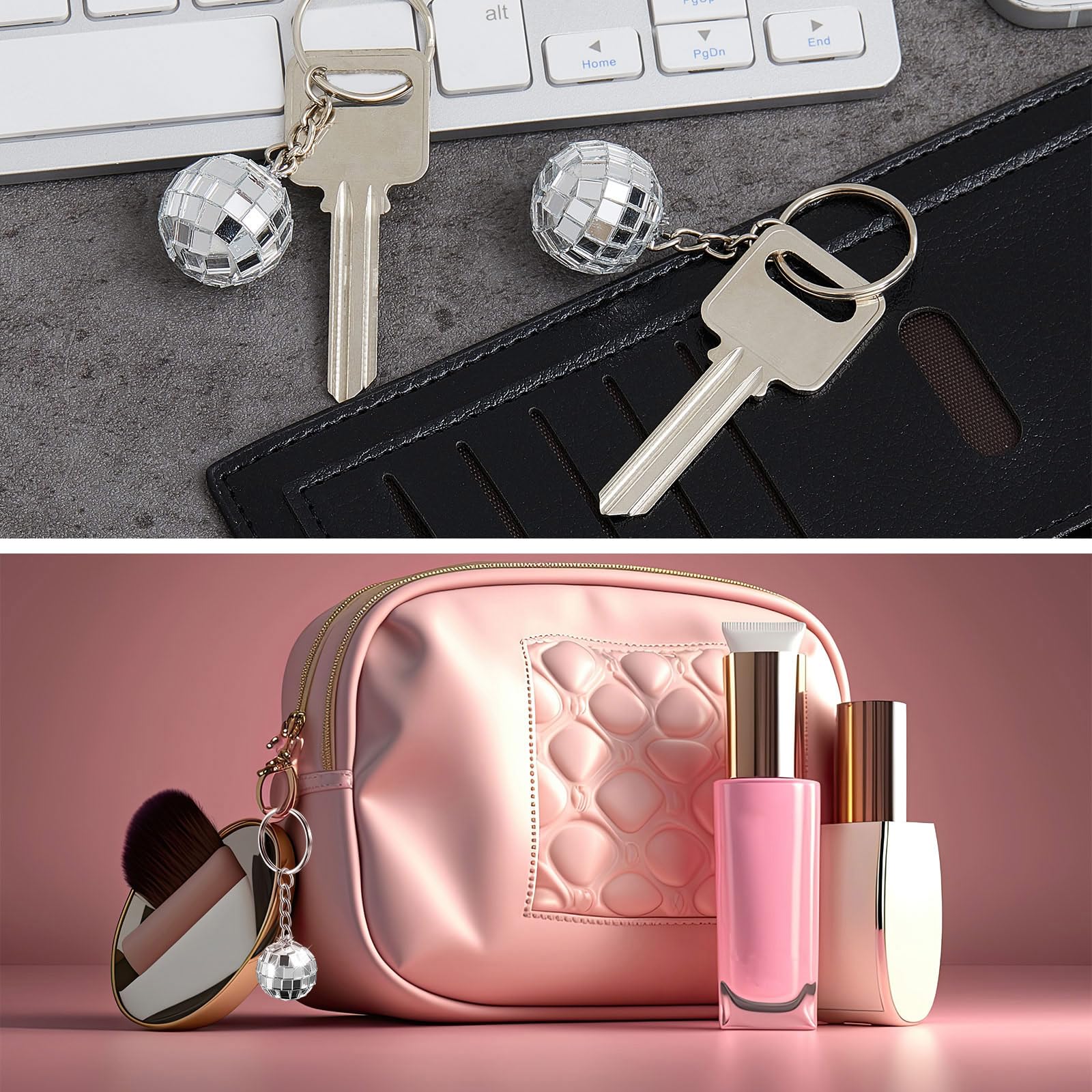 Henoyso silver disco ball charm, compact and lightweight for on-the-go keys.