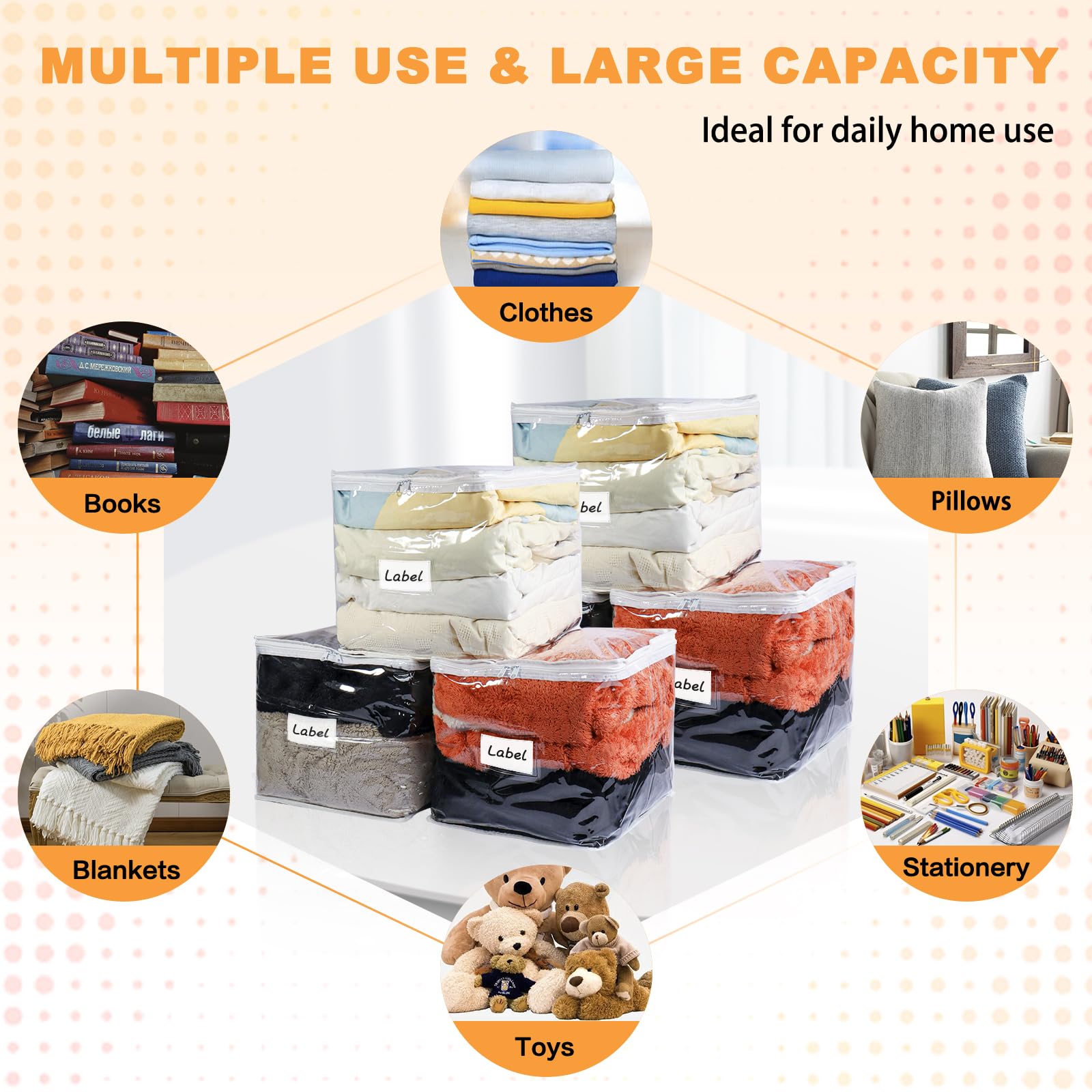 Heonay six-pack of clear storage bags stacked for space saving