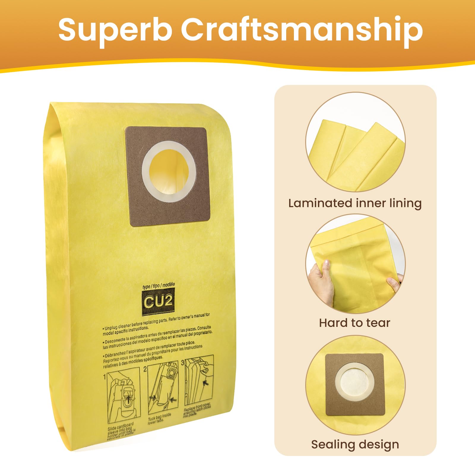Easy-installation diagram shows quick bag replacement process.