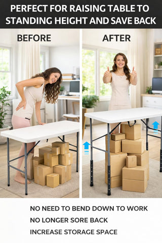 Herbert-fty risers on a bent-leg table demonstrate stability and support.