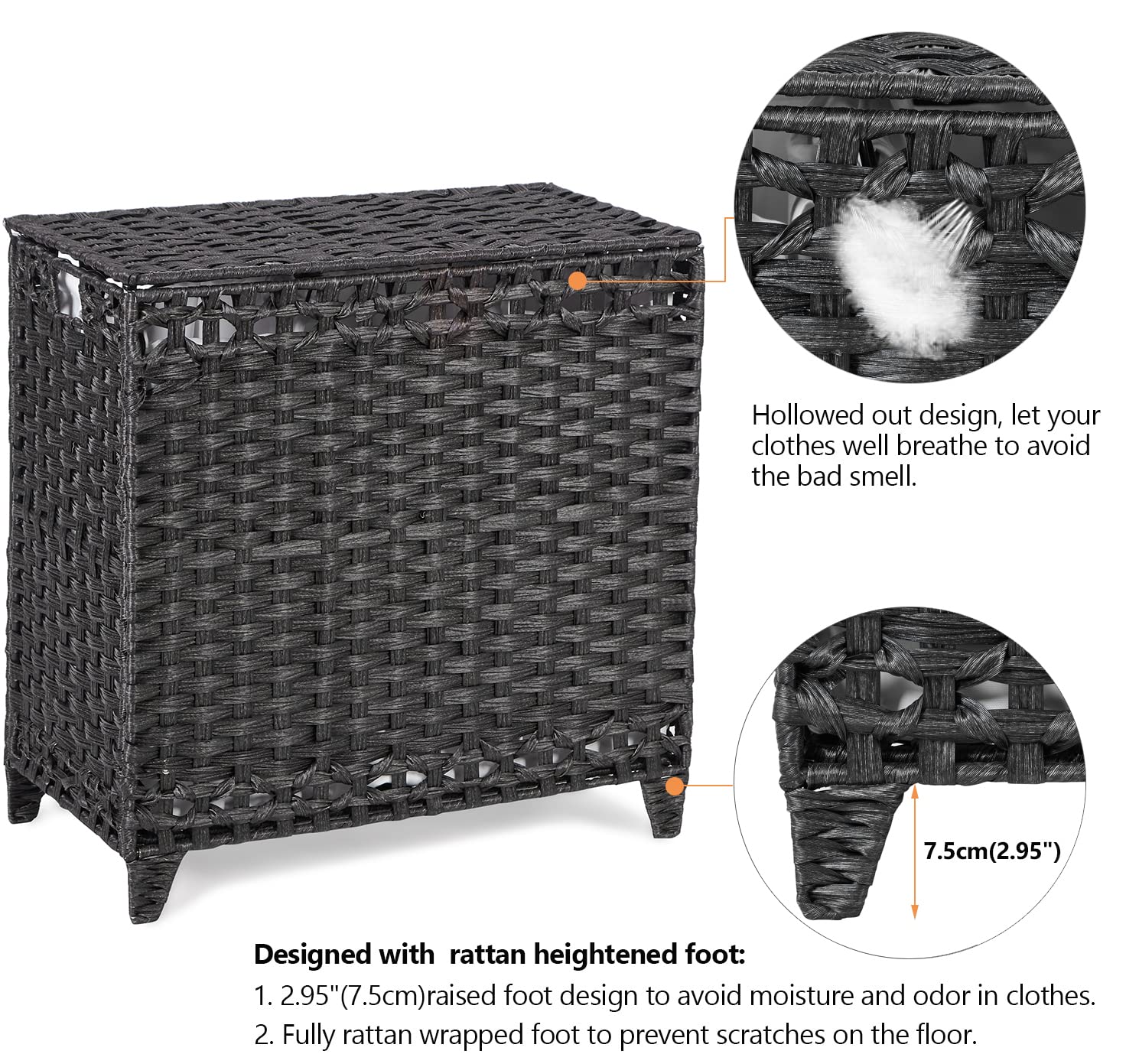 Three-section sorter with 132L capacity for towels, clothing, and bedding.