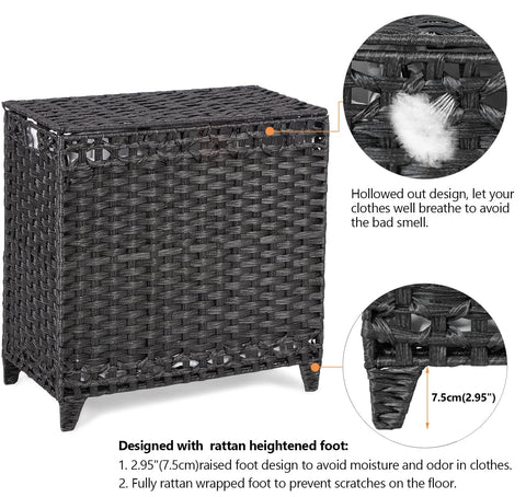 Three-section sorter with 132L capacity for towels, clothing, and bedding.