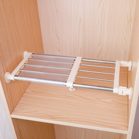 Hershii closet tension shelf extendable in-wardrobe organizer boosts storage.