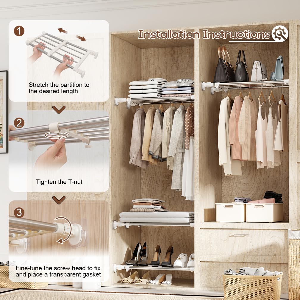 Hershii expandable rod closet system extended length demonstrates customizable space.