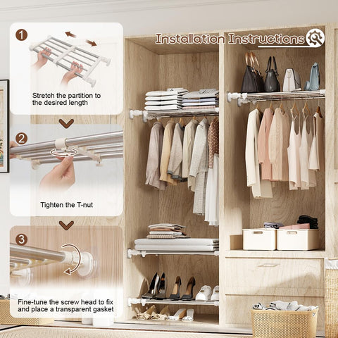 Hershii expandable rod closet system extended length demonstrates customizable space.