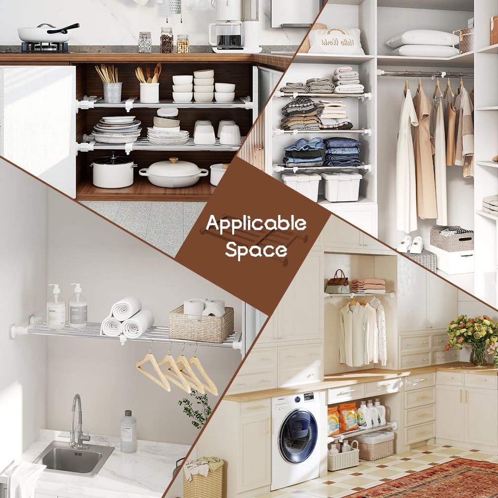 Hershii Expandable Shelf Rod DIY storage setup in a wardrobe or utility room.