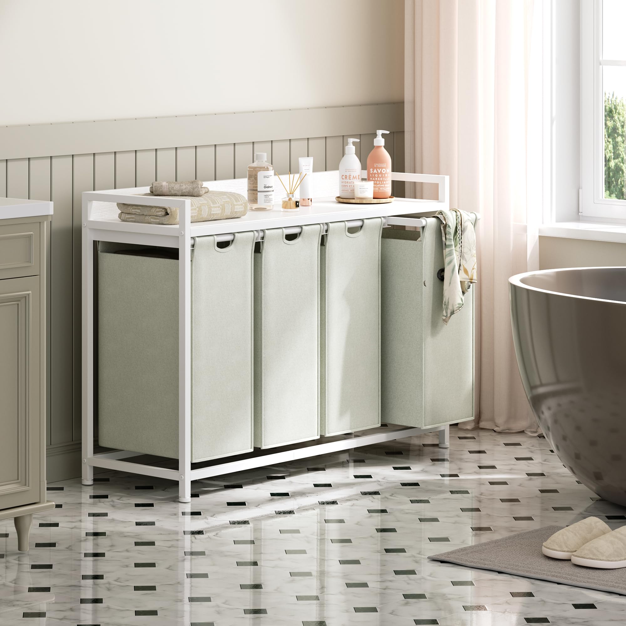 Top partition provides convenient storage for towels and detergents.