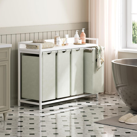 Top partition provides convenient storage for towels and detergents.