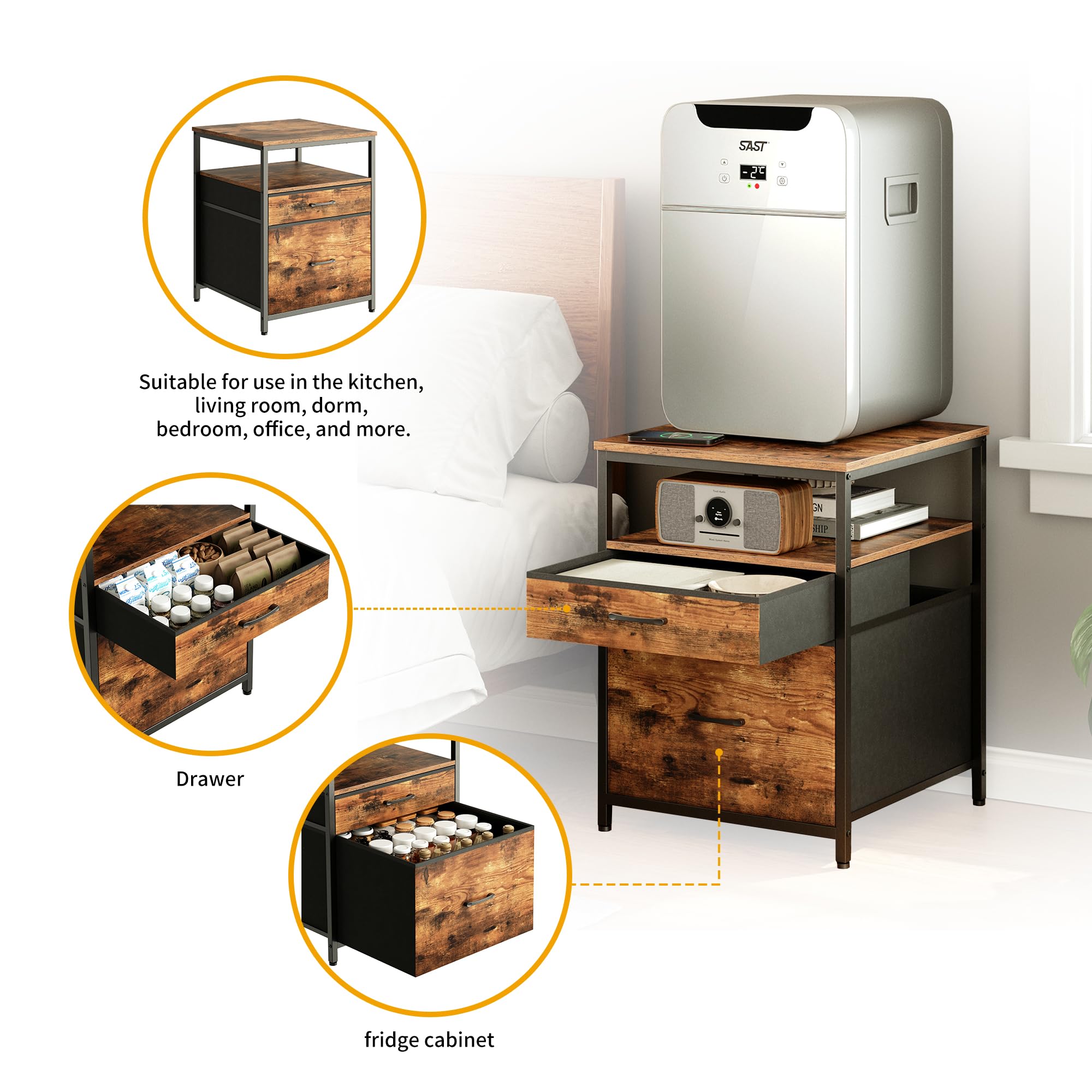 Herture mini fridge stand placed in an apartment area emphasizes space optimization.