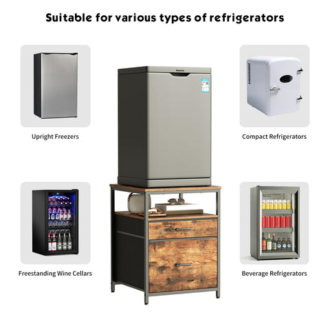 Herture mini fridge stand with dimensions highlights sturdy height for easy access.