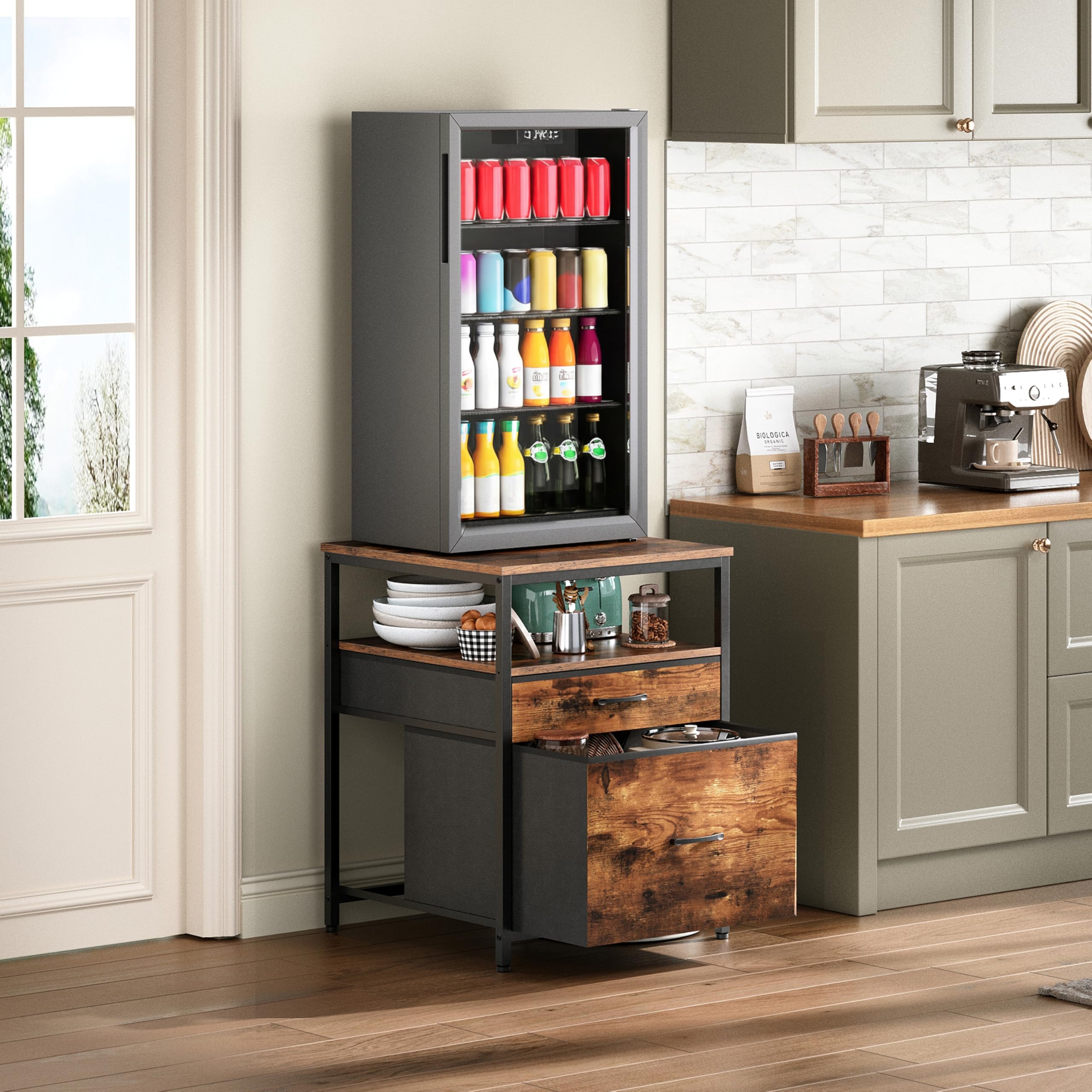 Herture mini fridge stand front view with three storage areas for dorm organization.