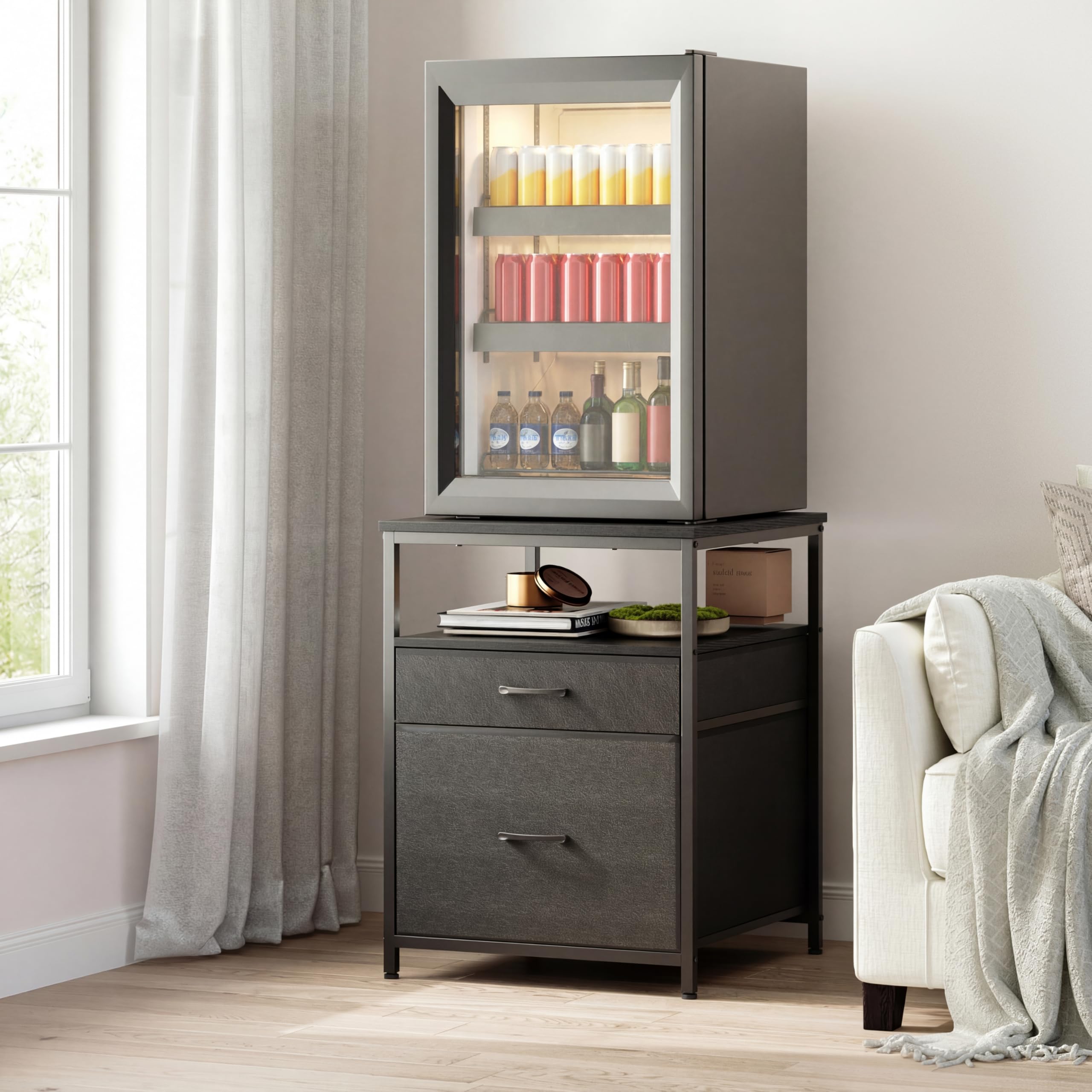 Herture mini-fridge-stand front view illustrating compact, space-saving design