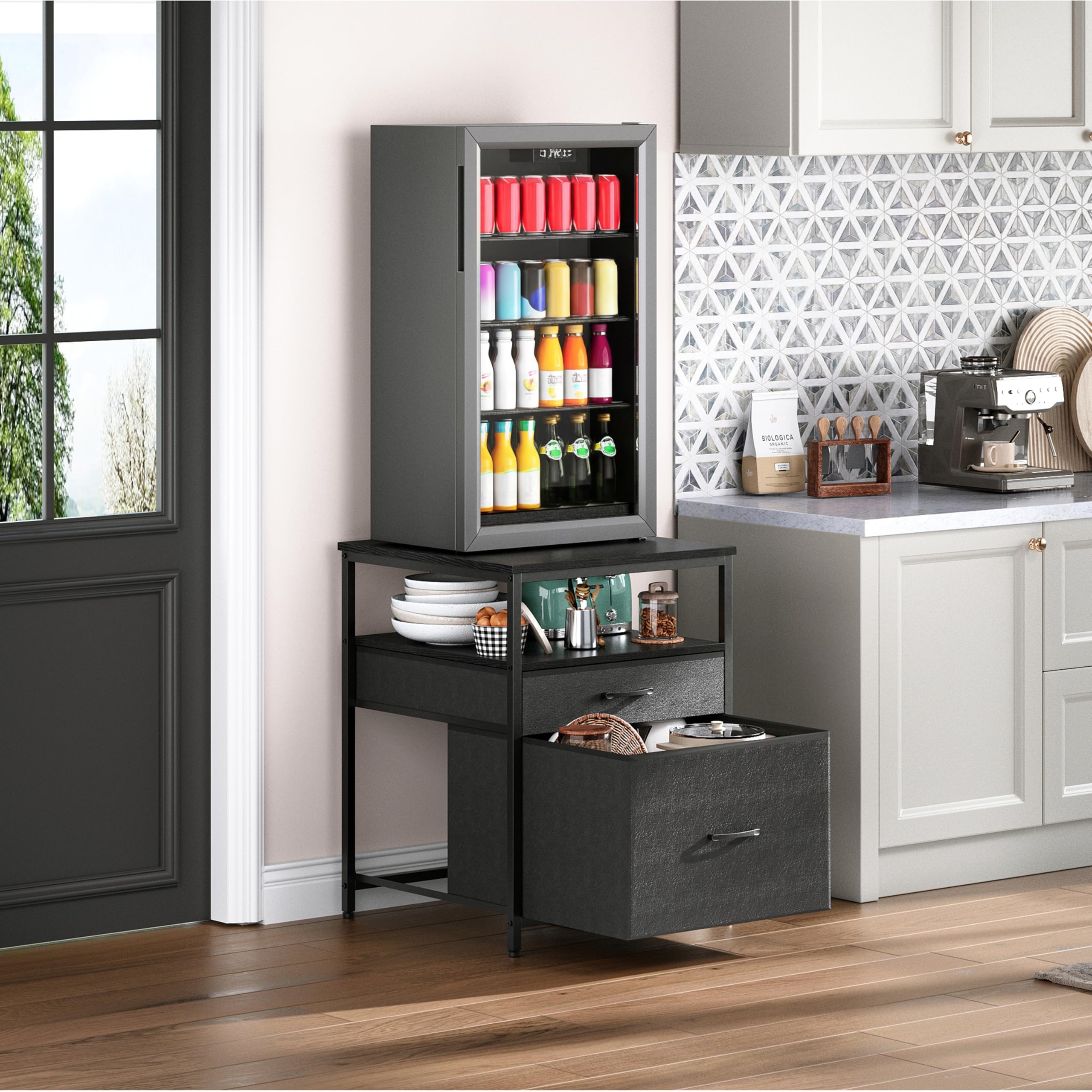 Herture mini fridge stand left view showing elevated access for easy reach