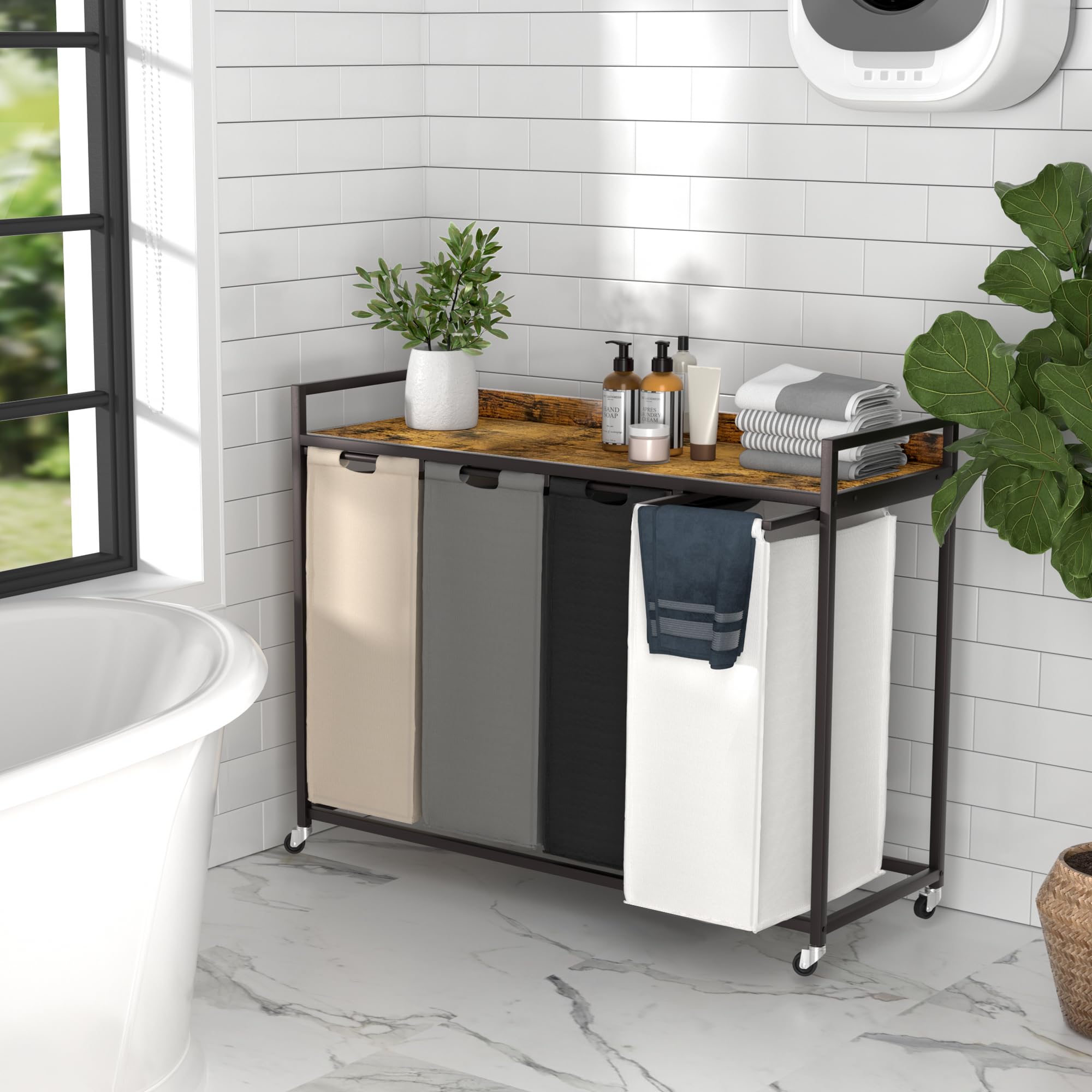 Herture top partition keeps detergents and towels within reach.