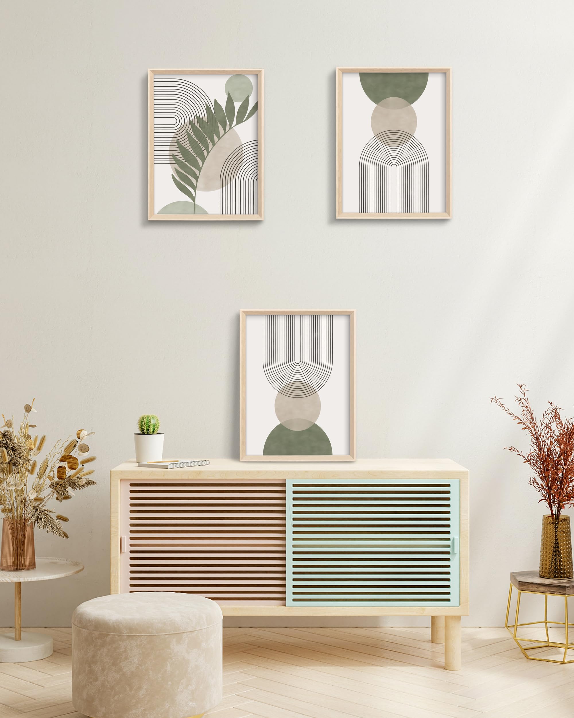 HesenDot Boho Sage Green framed wall art set shows three complementary pieces