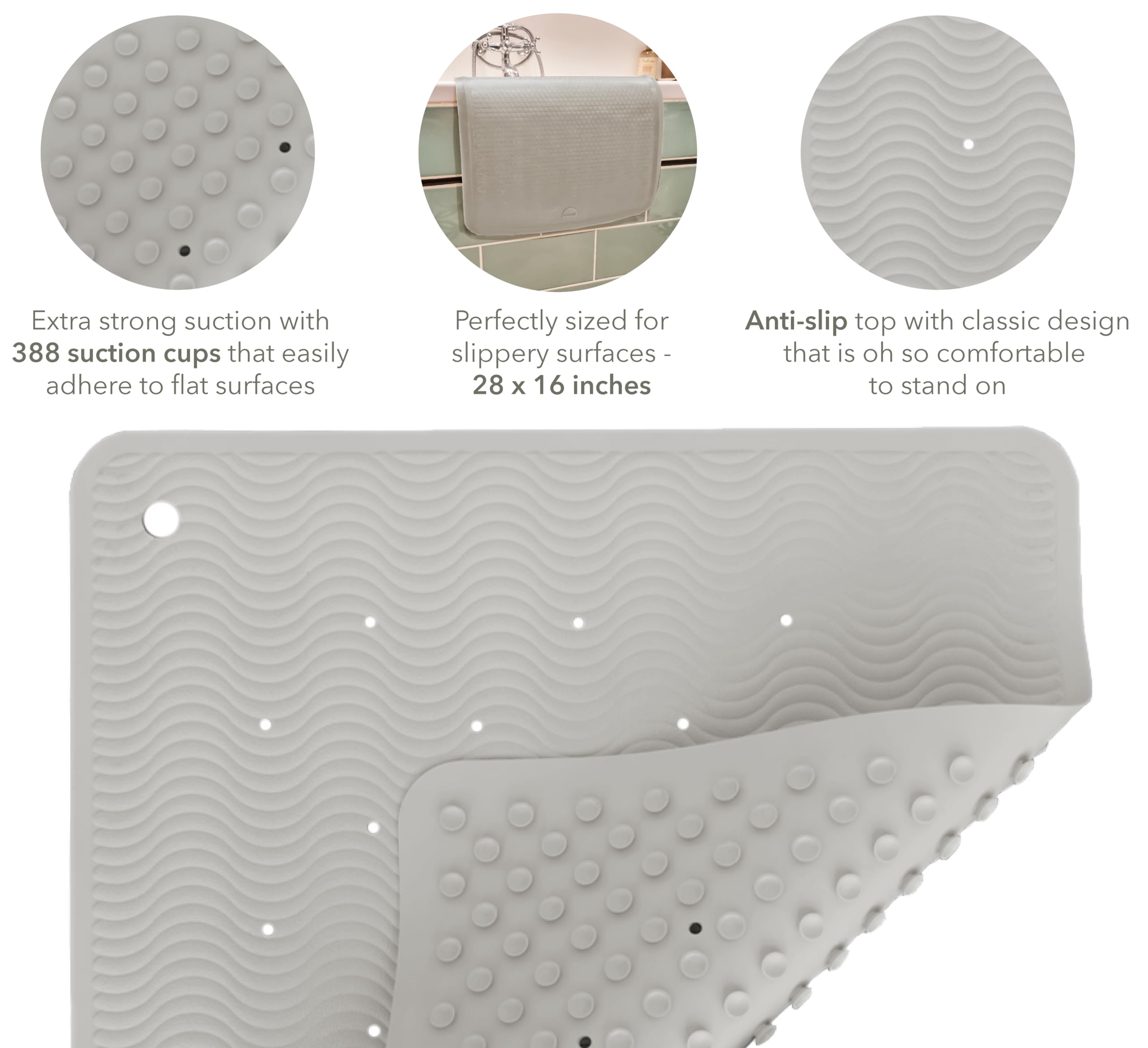 HEVEA bath mat bottom shows 299 suction cups for secure grip