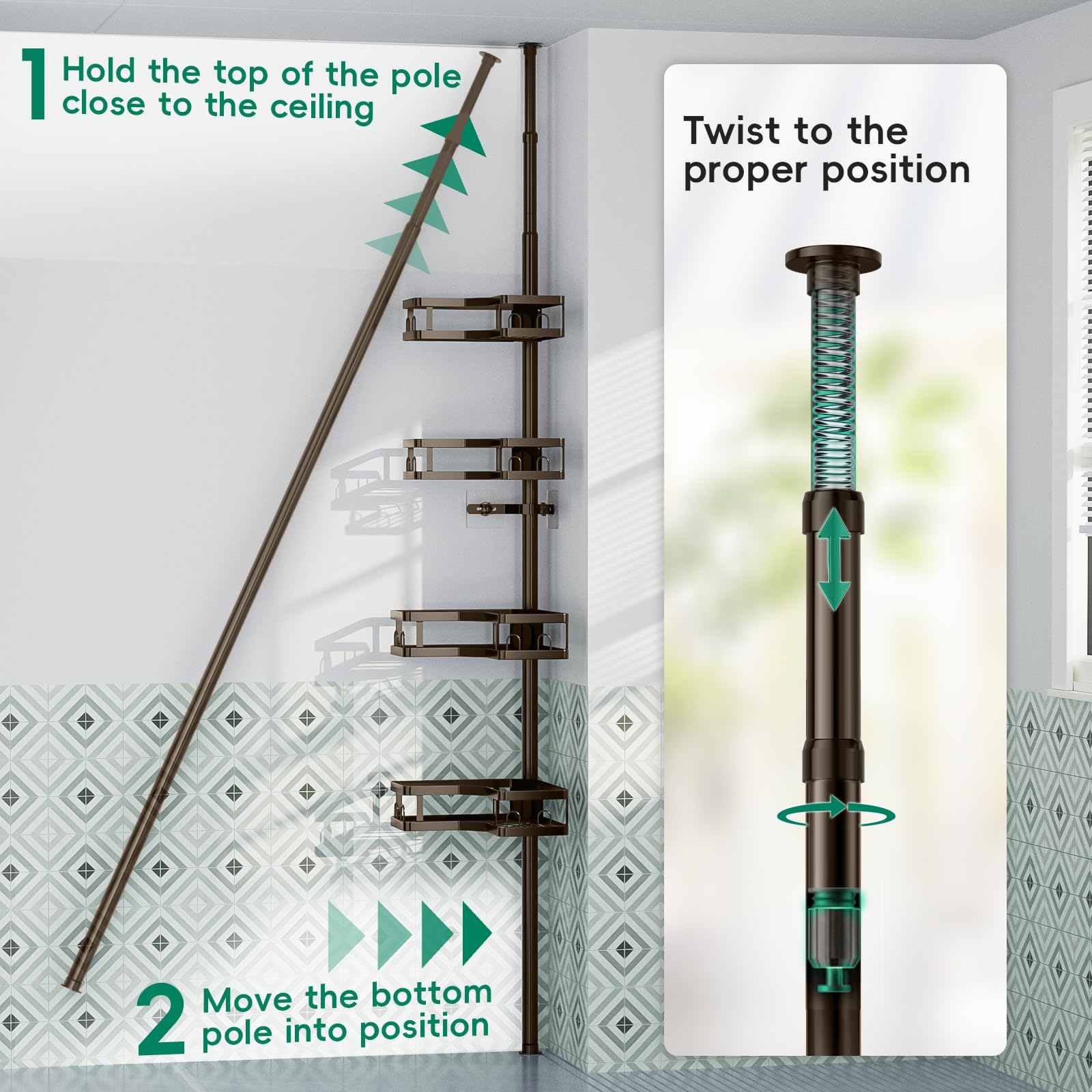 HEVEL anti-falling springs keep the caddy stable in busy showers.