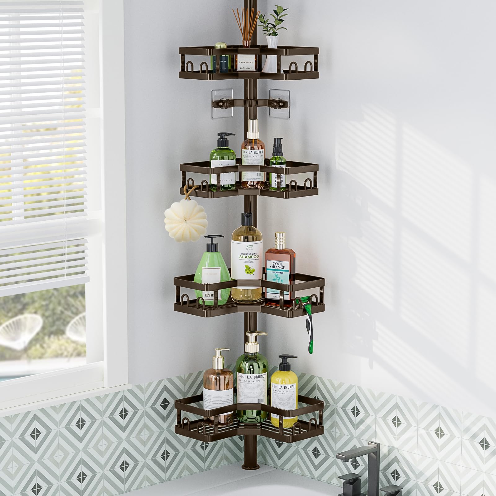 HEVEL corner shower caddy with L-shape fit in bronze for space-saving storage.