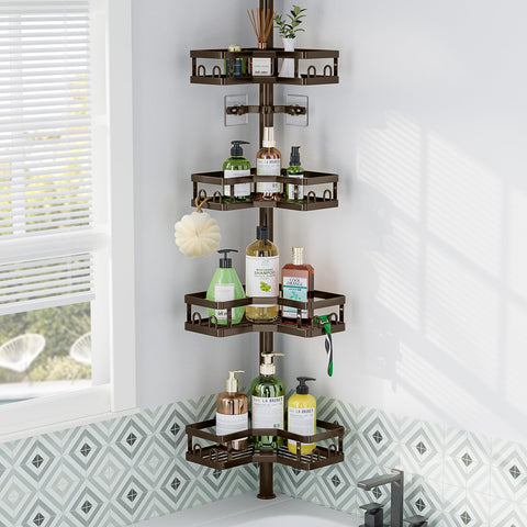 HEVEL corner shower caddy with L-shape fit in bronze for space-saving storage.