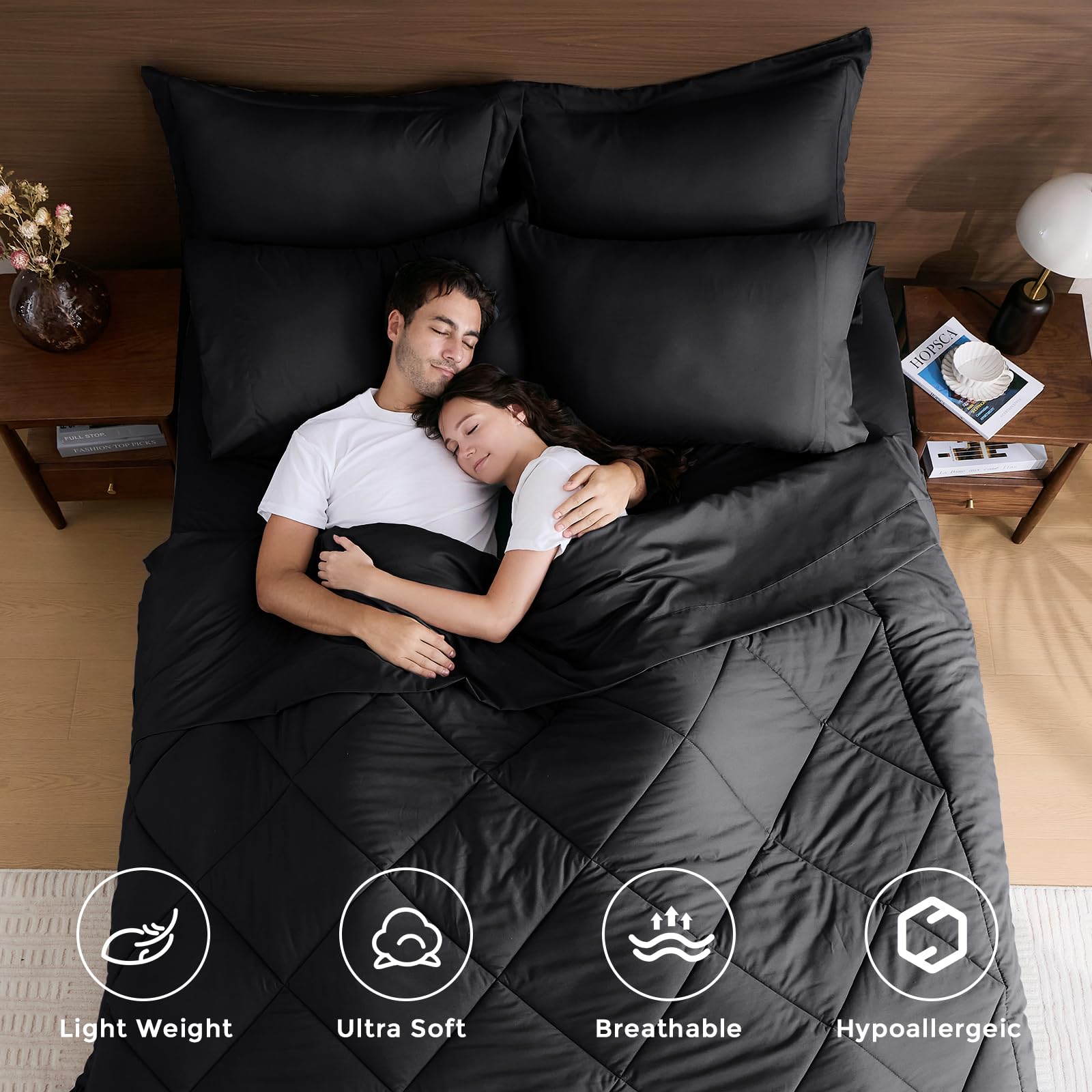 HEVUMYI Black Queen Comforter Set all-season display suggests year-round warmth.