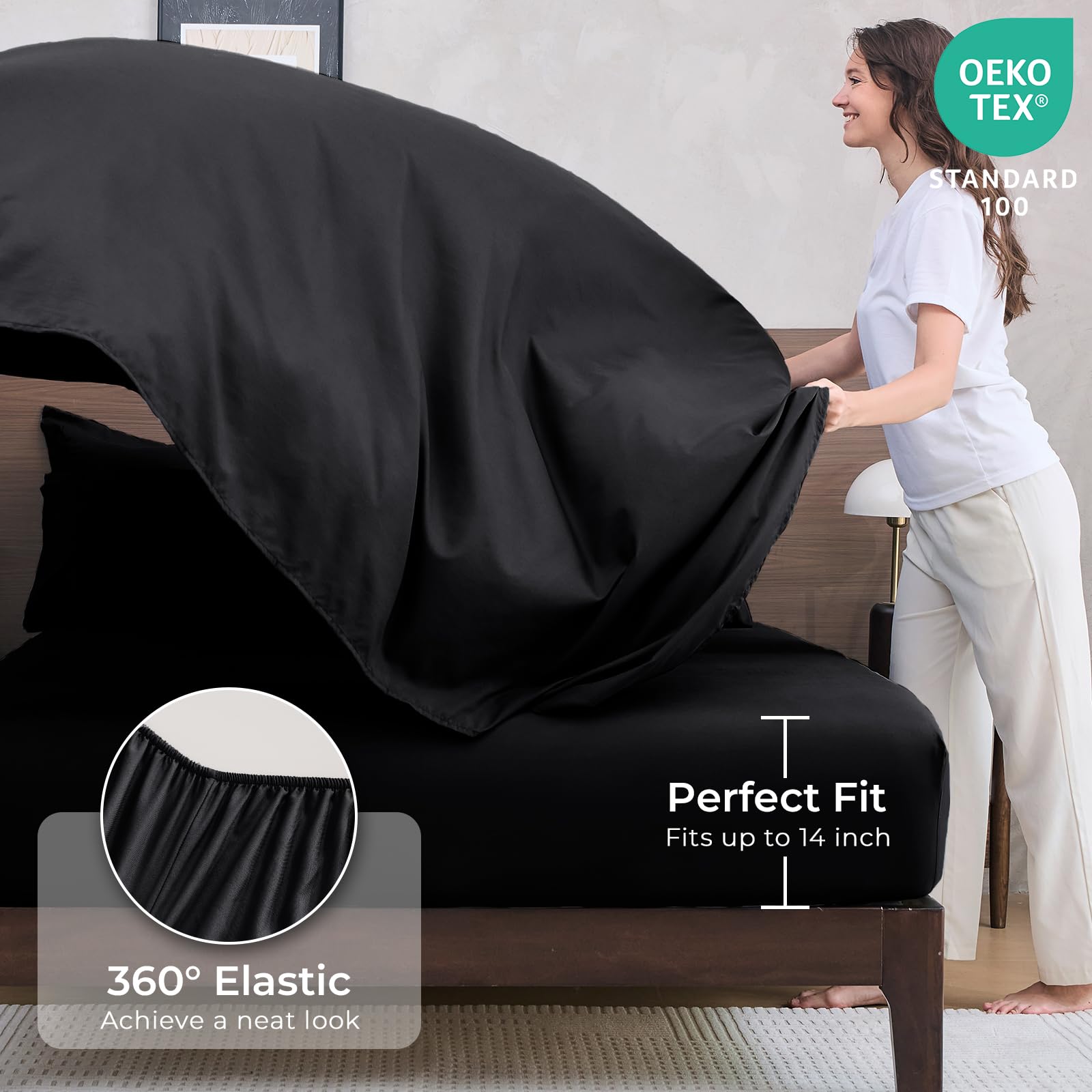 HEVUMYI fitted sheet with deep pocket demonstrates 10-14 inch mattress fit.