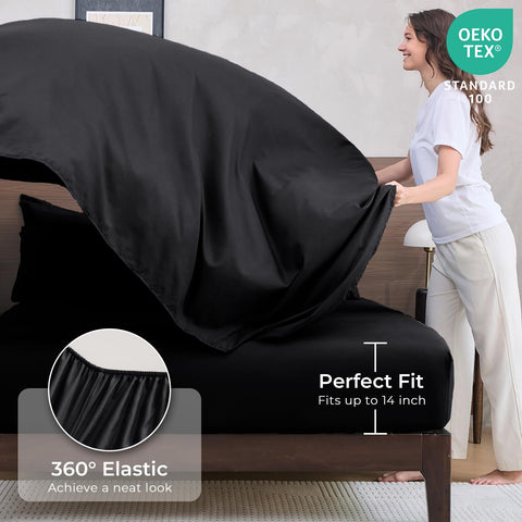 HEVUMYI fitted sheet with deep pocket demonstrates 10-14 inch mattress fit.