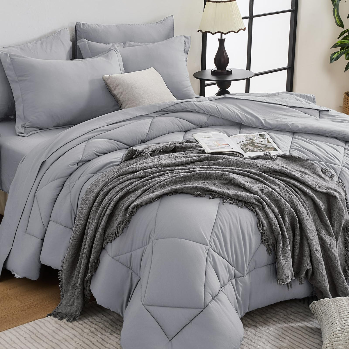 HEVUMYI light grey queen comforter set with cloud-soft microfiber for cozy warmth