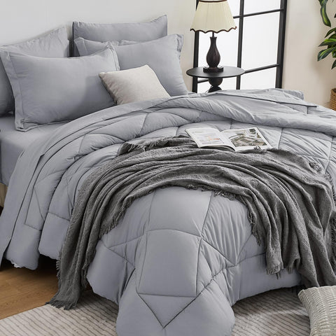HEVUMYI light grey queen comforter set with cloud-soft microfiber for cozy warmth