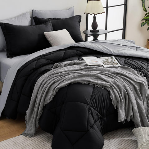 HEVUMYI queen comforter all-season on bed, cloud-soft microfiber for comfortable warmth.