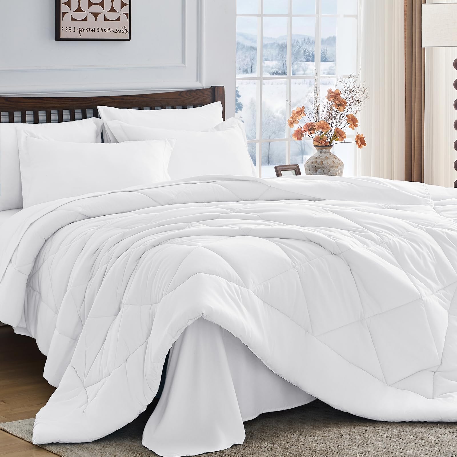 HEVUMYI White Queen Comforter Set close-up shows ultra-soft microfiber for cozy nights.