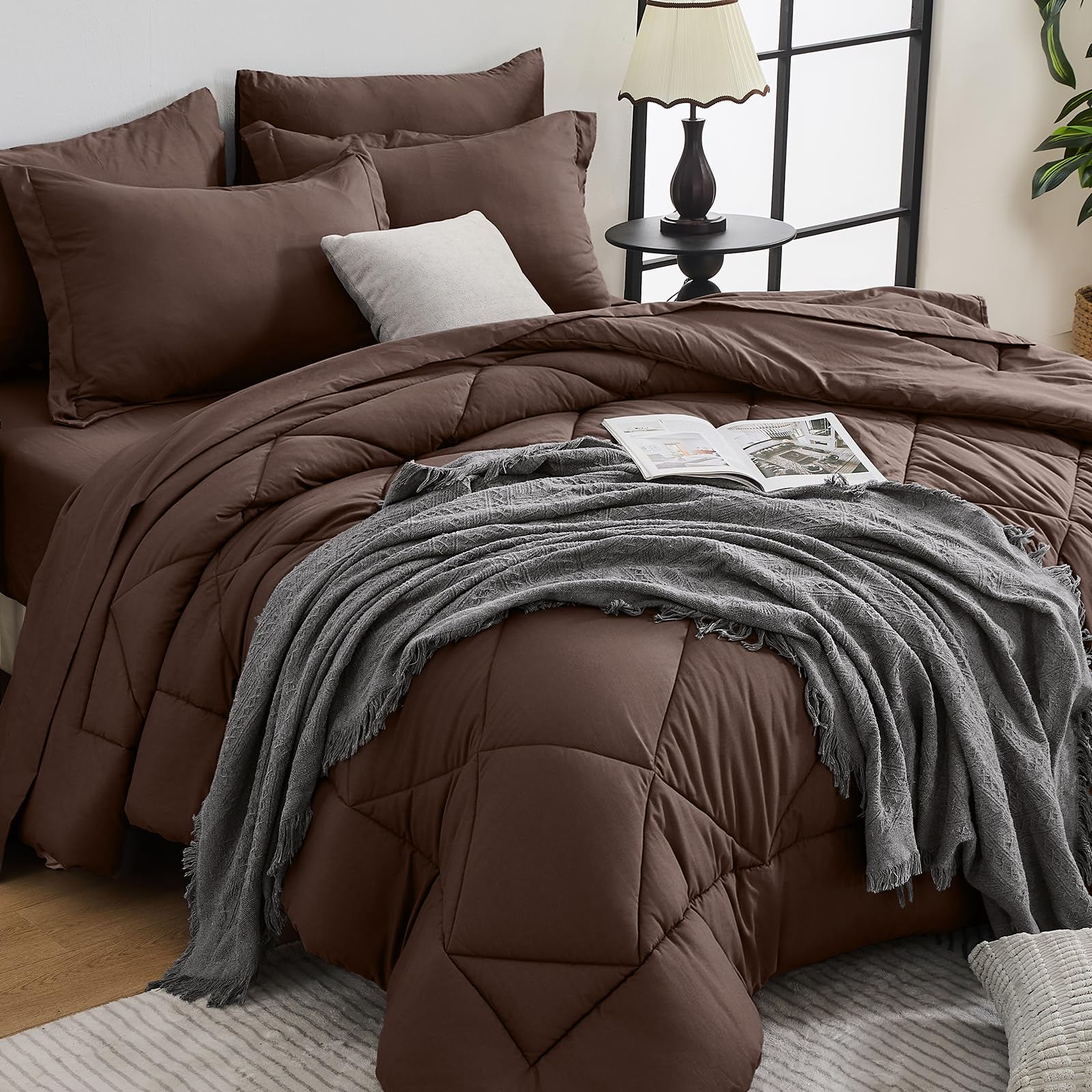 HEVUMYI brown queen comforter set displayed on a bed, emphasizing ultra-soft microfiber