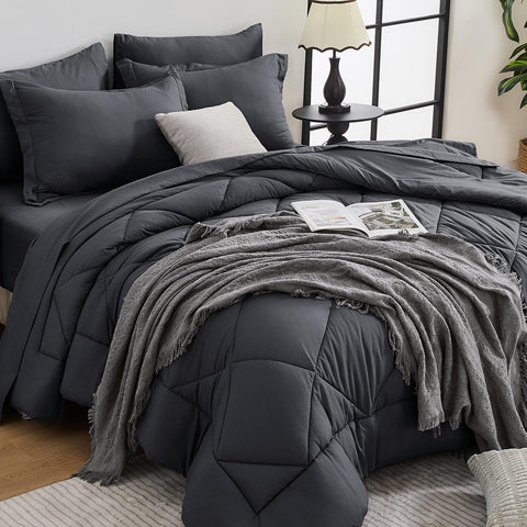 HEVUMYI full comforter set in dark grey on bed, cozy all-season warmth.