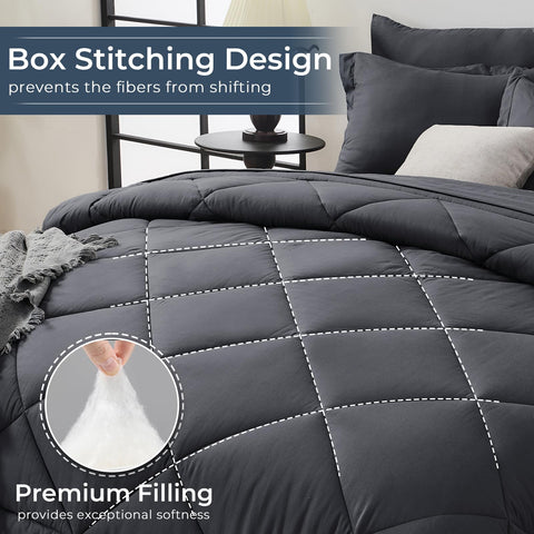 Baffle box construction keeps fill evenly distributed in HEVUMYI comforter.