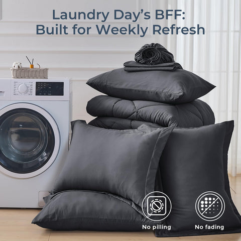 Machine-wash friendly HEVUMYI comforter set in gentle cycle.
