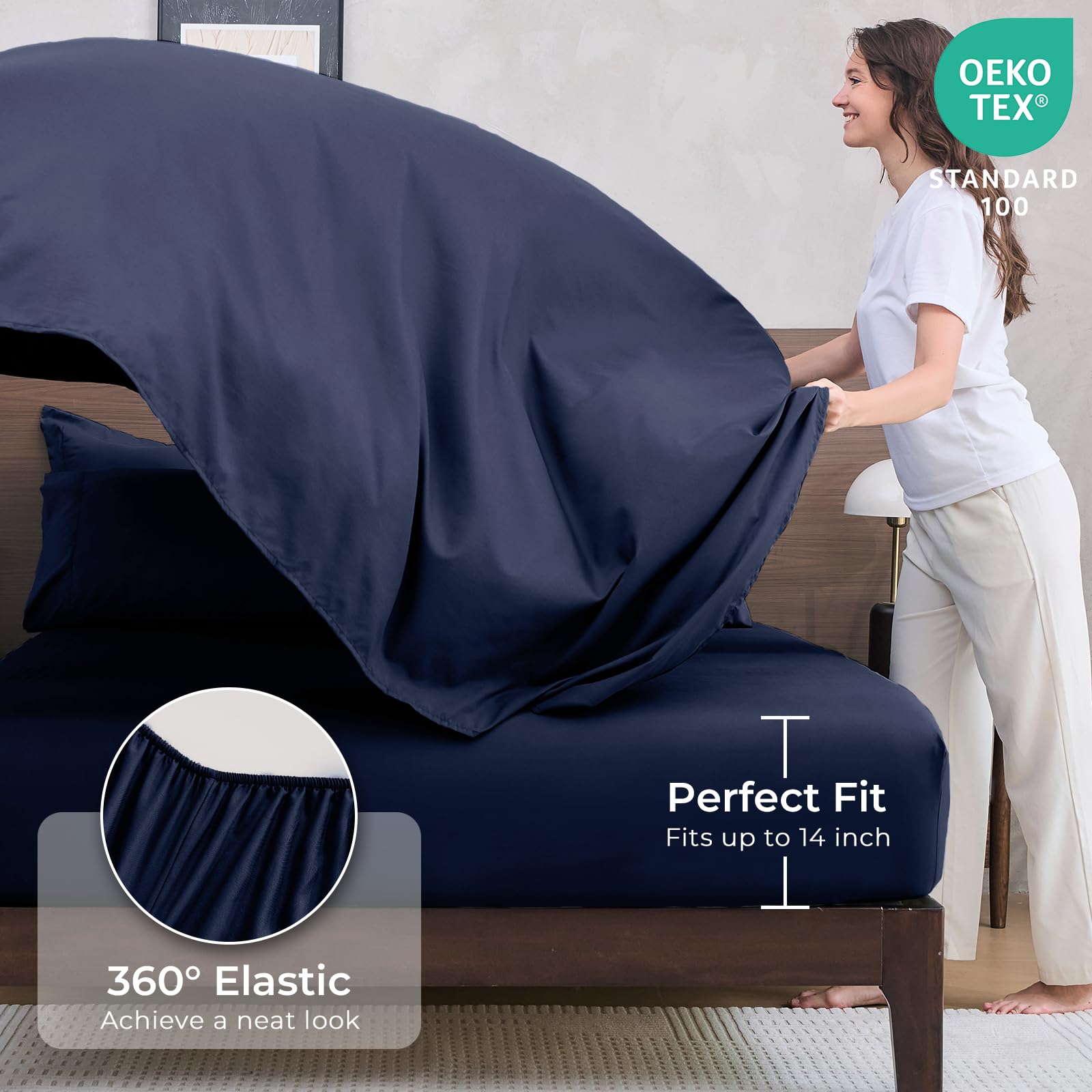 HEVUMYI Navy Blue Queen Comforter Set fitted sheet shows deep 14-inch pocket compatibility.