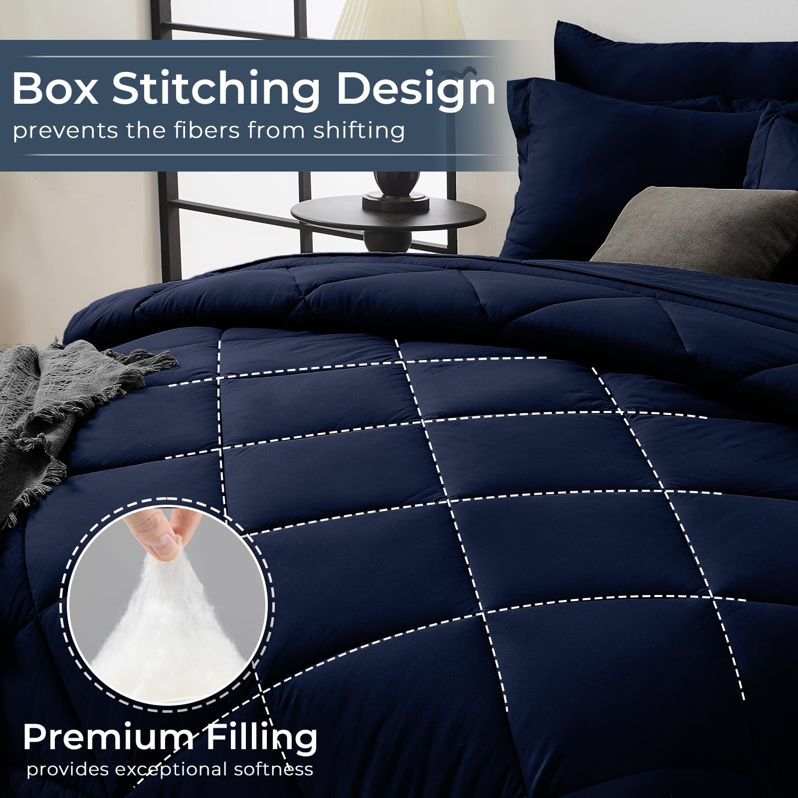 HEVUMYI Navy Blue Queen Comforter Set flat sheet texture appears smooth and inviting.