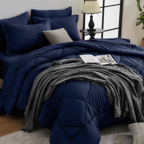 HEVUMYI Navy Blue Queen Comforter Set packaging highlights premium presentation for gifting.