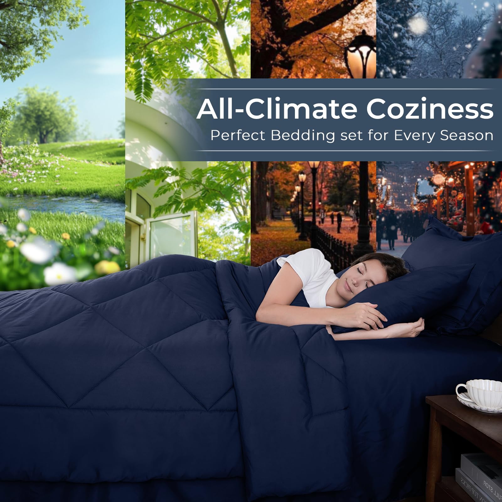 HEVUMYI Navy Blue Queen Comforter Set close-up reveals durable baffle-box construction.
