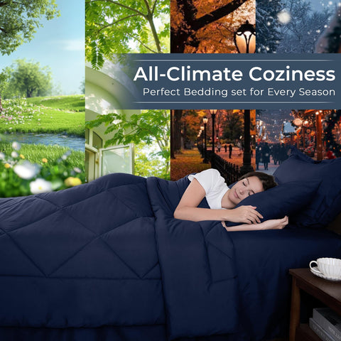HEVUMYI Navy Blue Queen Comforter Set close-up reveals durable baffle-box construction.